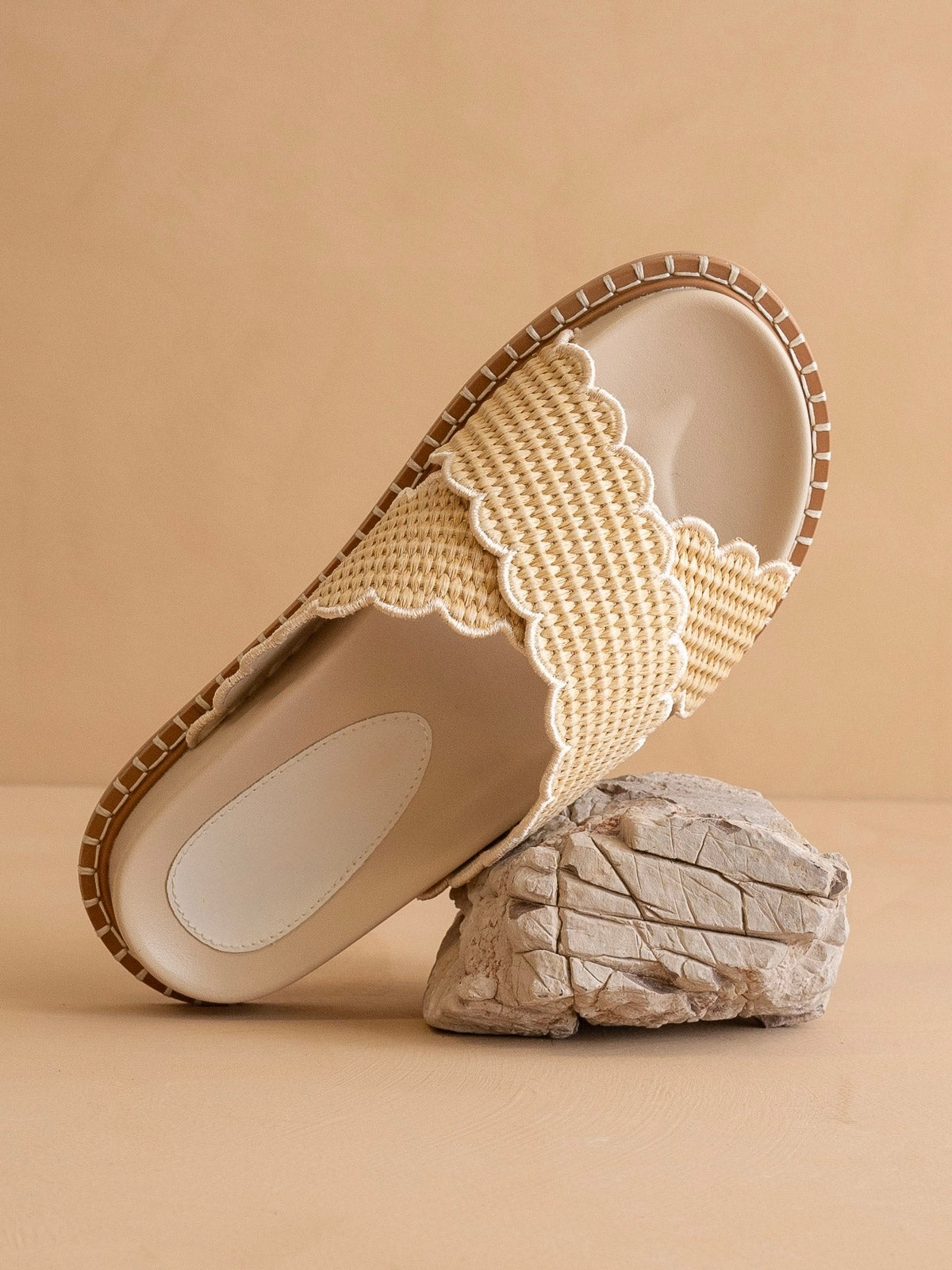 Beige Double Strap Raffia Slide