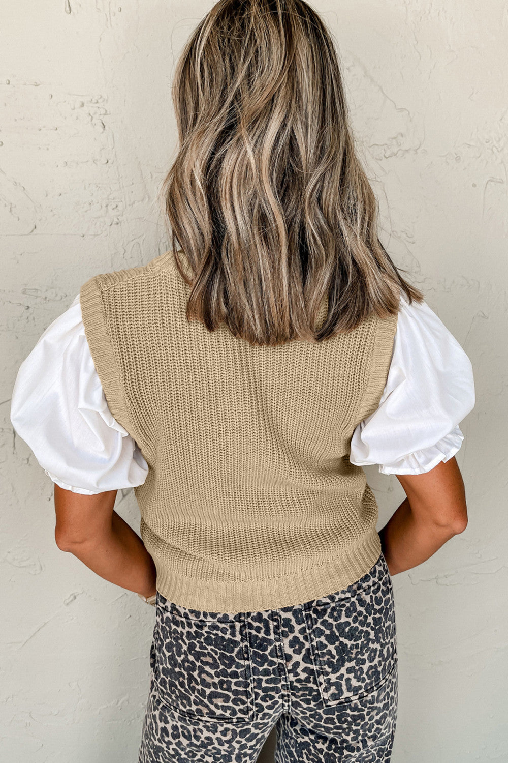 Light French Beige Round Neck Knit Contrast Short Sleeve Patchwork Sweater Top - PREORDER