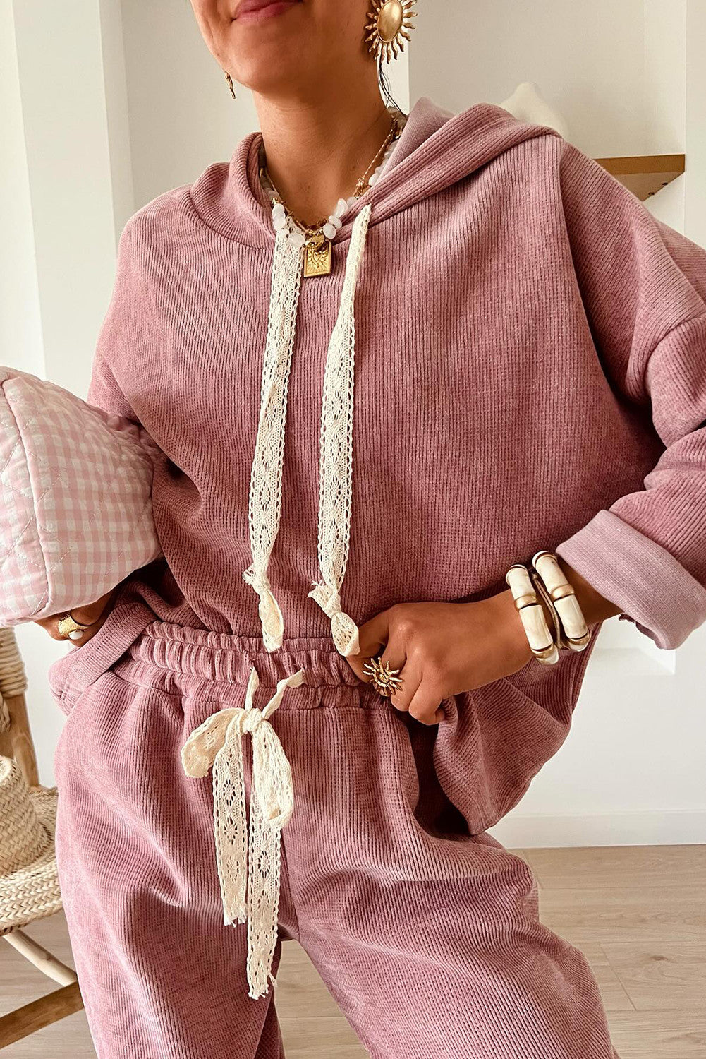 Rose Tan Lace Drawstring Pullover Hoodie and High Waist Pants Corduroy Suit- PREORDER