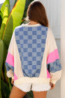 Sky Blue Oversized Checkered Denim Exposed Seam Patchwork Casual Sweatshirt - PREORDER