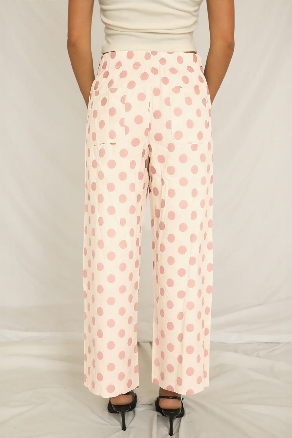 White Polka Dot Print Patched Pocket Loose Pants - PREORDER