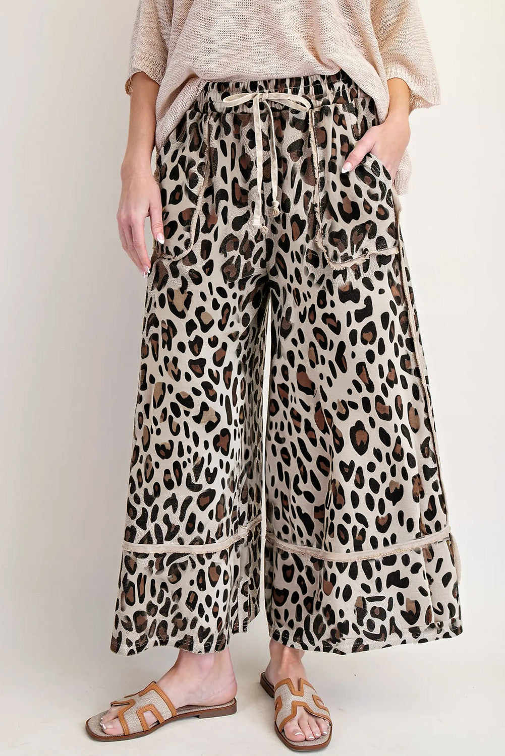 Khaki Leopard Wide Leg Cropped Pants - PREORDER