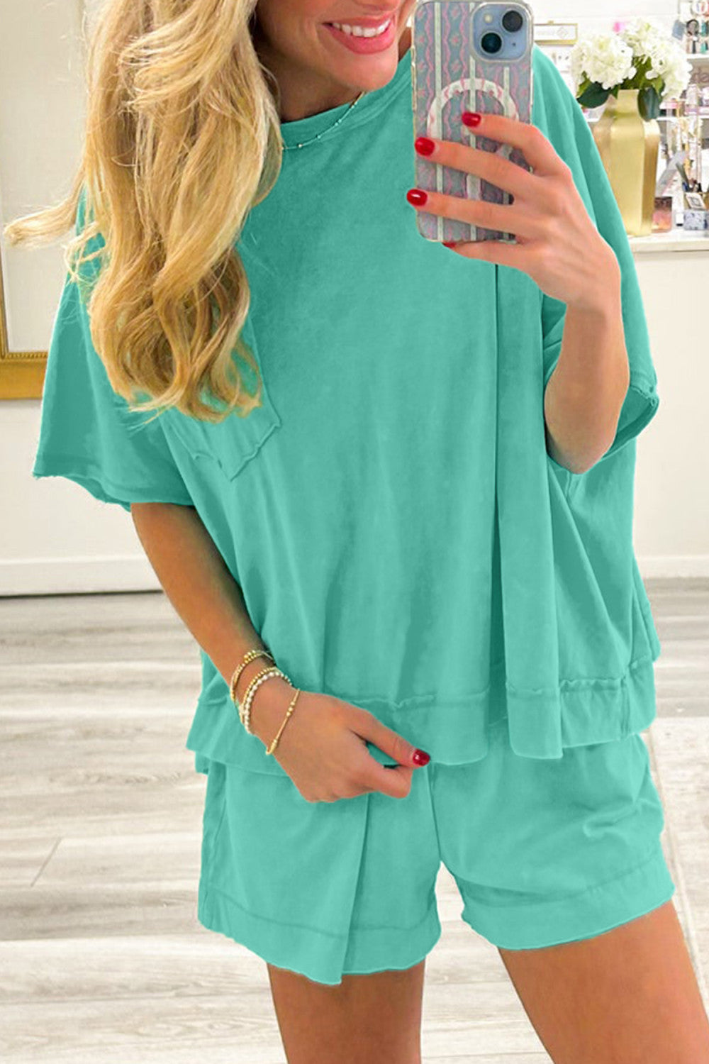 Mint Green Raw Edge Patch Pocket Oversized Top and Shorts Set - PREORDER