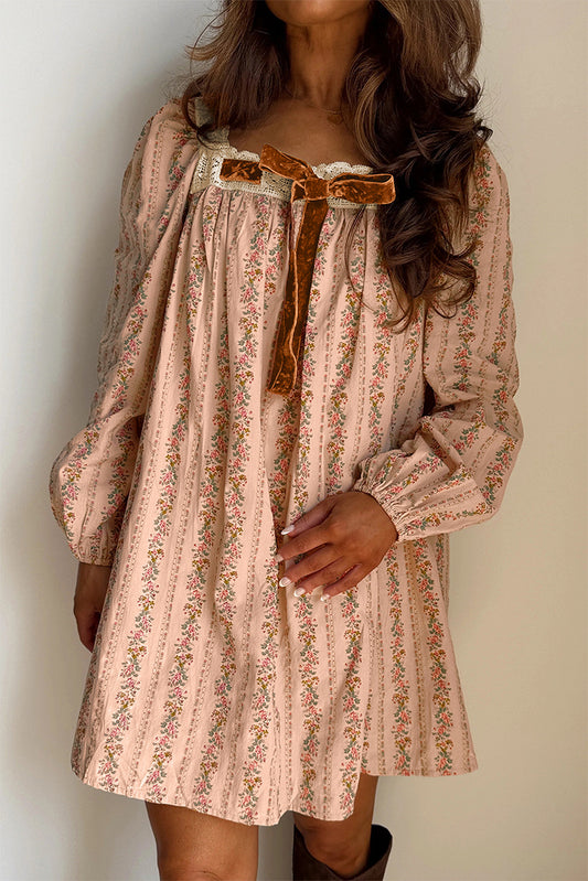 Floral Print Contrast Velvet Bow Lace Patchwork Long Sleeve Loose Mini Dress - PREORDER