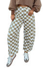 White Checkered Print Denim Barrel Pants - PREORDER