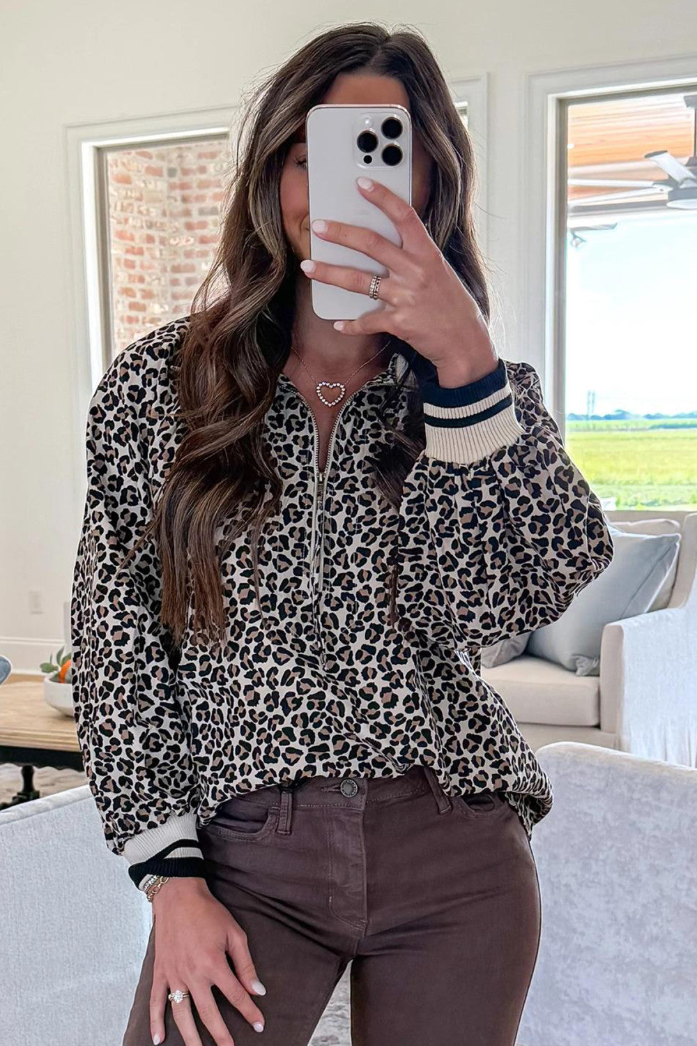 Khaki Leopard Print Half Zip up Blouse - PREORDER
