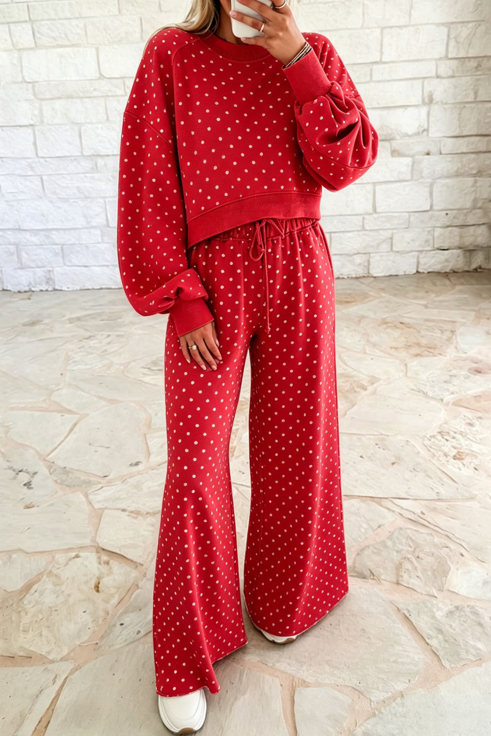 Red Polka Dot Drawstring Wide Leg Long Sleeve Top Pant Set - PREORDER
