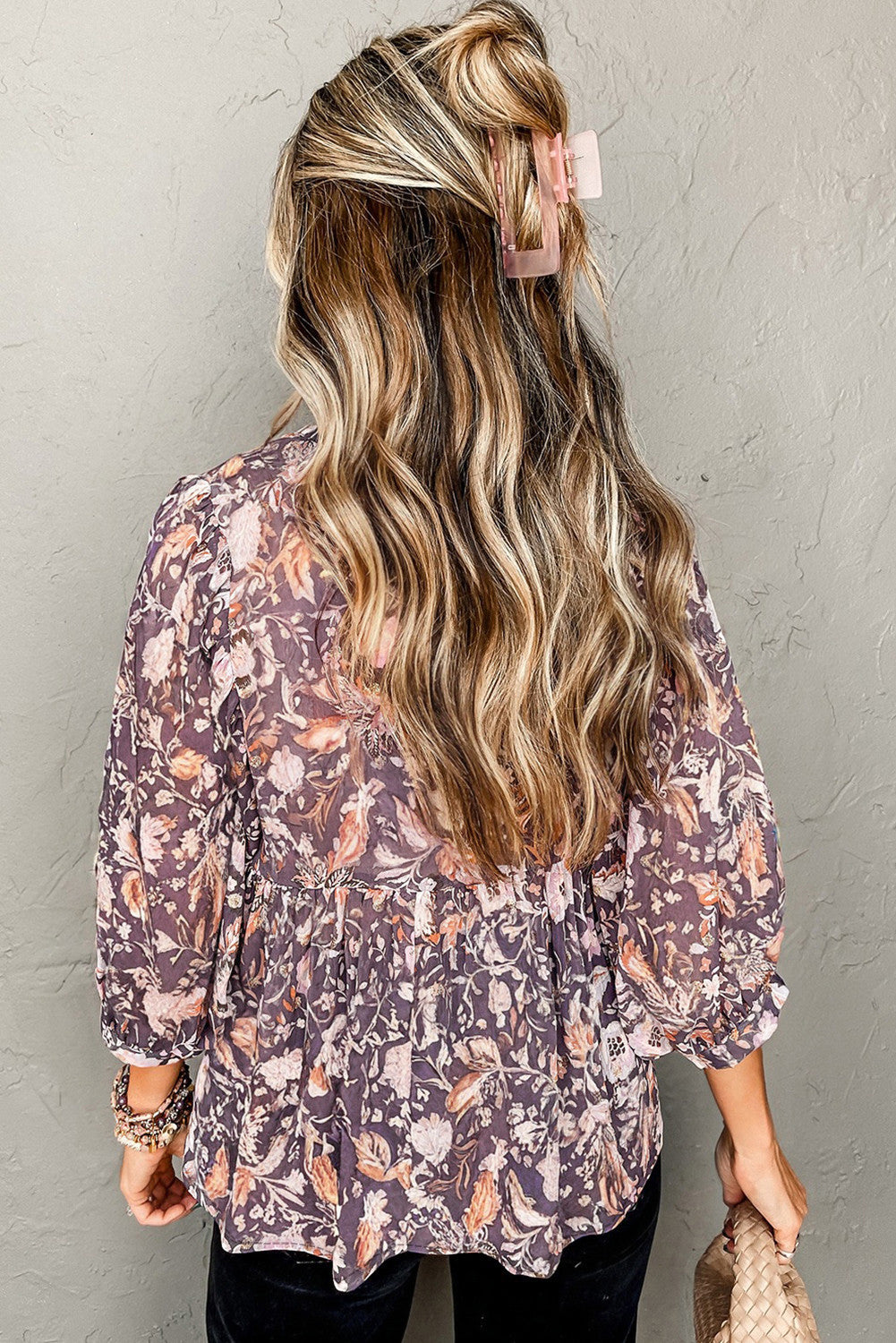 Boho Flower Print 3/4 Sleeve Babydoll Blouse - PREORDER