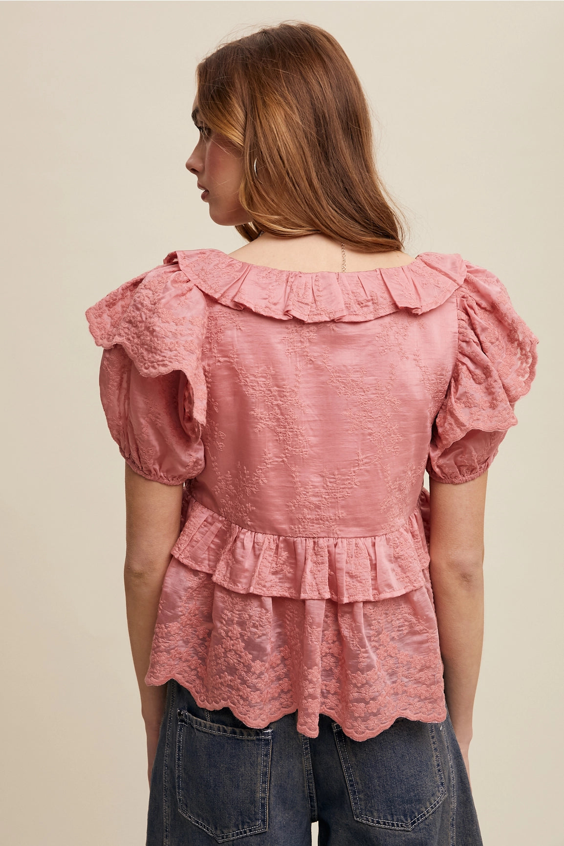 Embroidered Ruffled Peplum Blouse