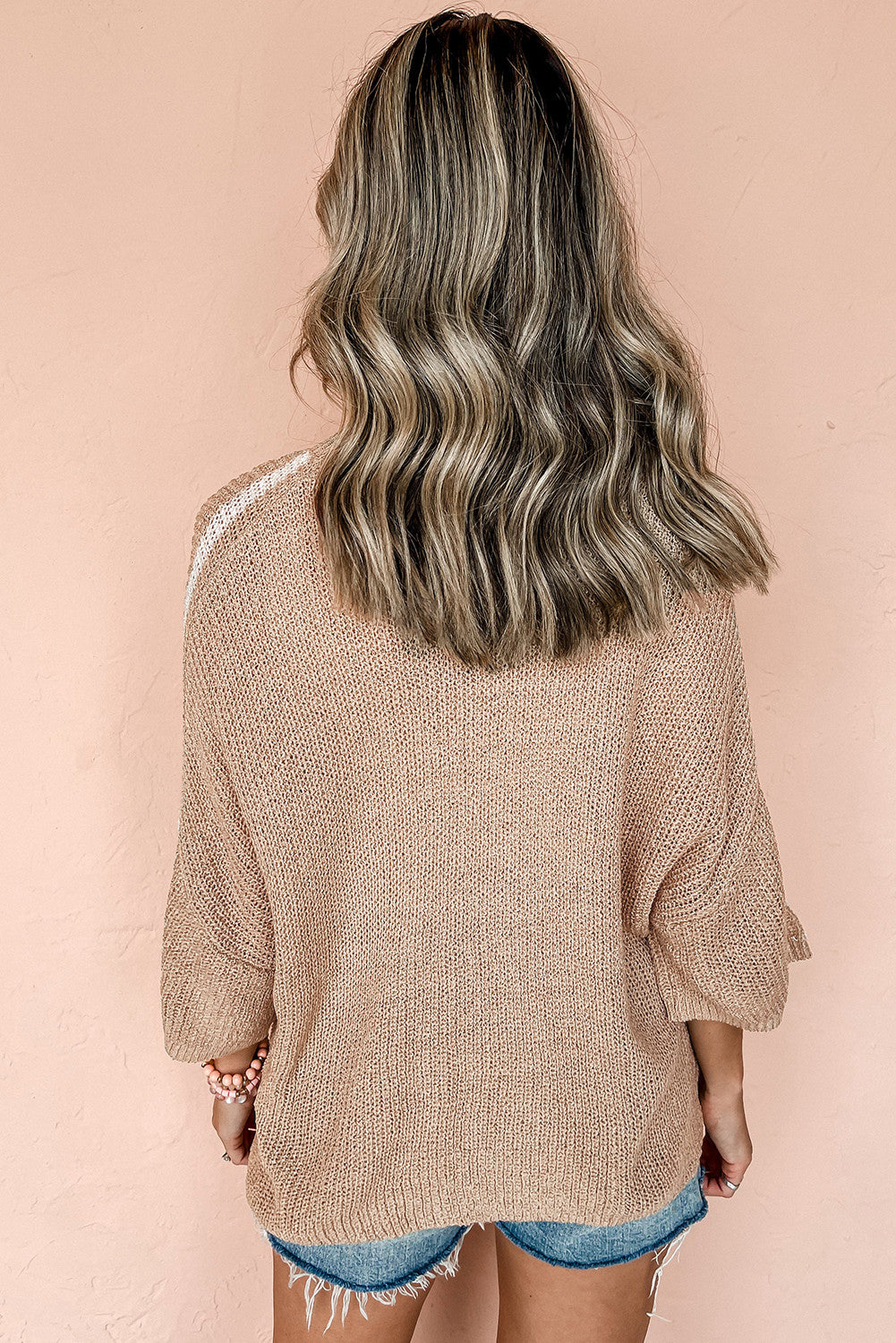 Light French Beige Contrast Striped 3/4 Sleeve Crew Neck Sweater - PREORDER