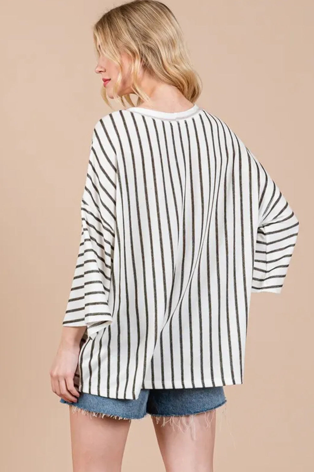 Khaki Stripe Colorblock 3/4 Sleeve Loose T Shirt - PREORDER