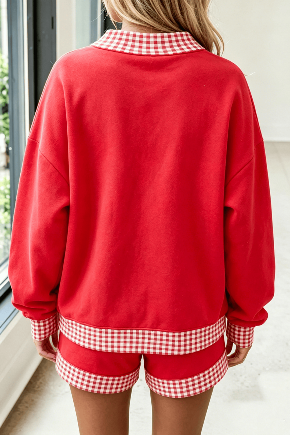 Fiery Red Casual Plaid Trim Long Sleeve Two Piece Set - PREORDER