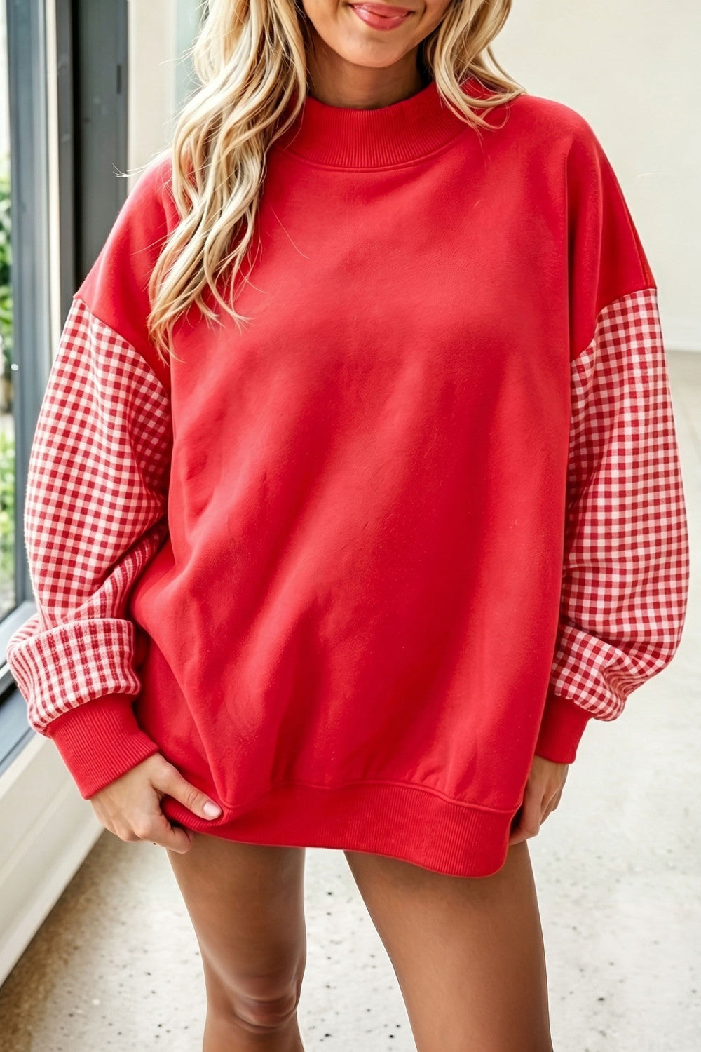 Fiery Red Plaid Sleeve Colorblock Loose Tunic Sweatshirt - PREORDER