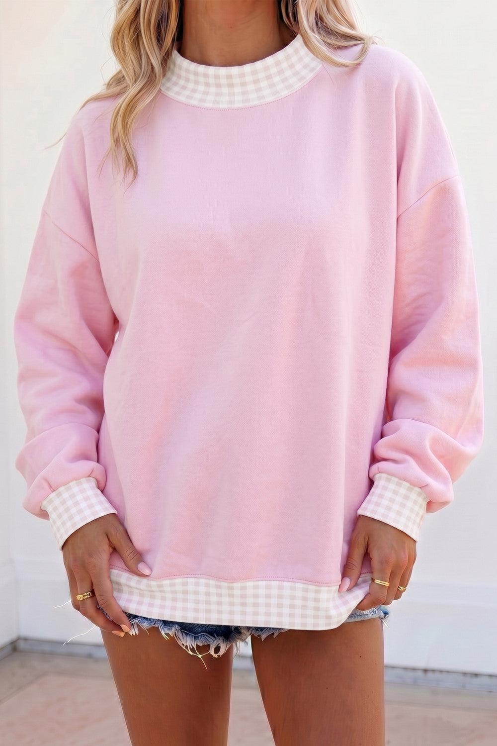 Pink Colorblock Plaid Contrast Trim Oversized Sweatshirt - PREORDER