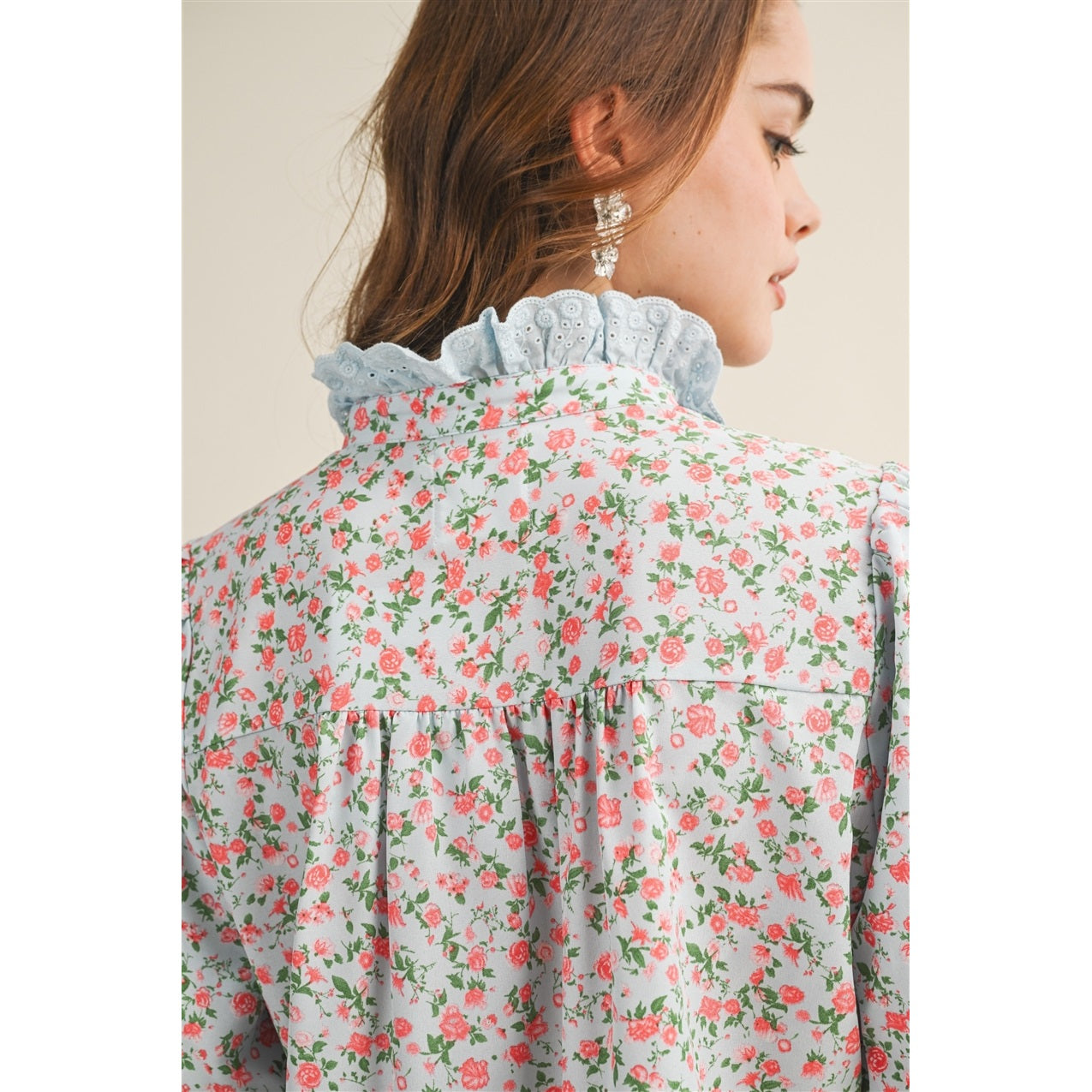 Vintage Bloom High Neck Ruffle Front Floral Top