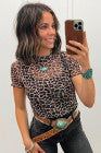 Khaki Leopard Print Sheer Mesh Short Sleeve Top - PREORDER