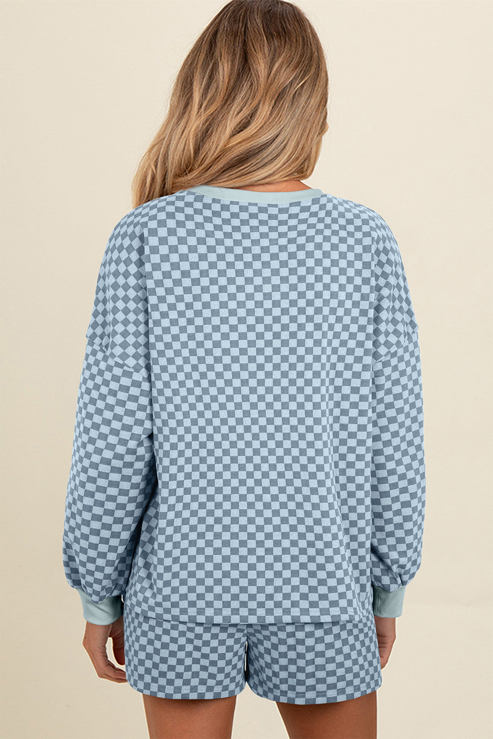 Sky Blue Checkerboard Long Sleeve Pullover and Shorts Set