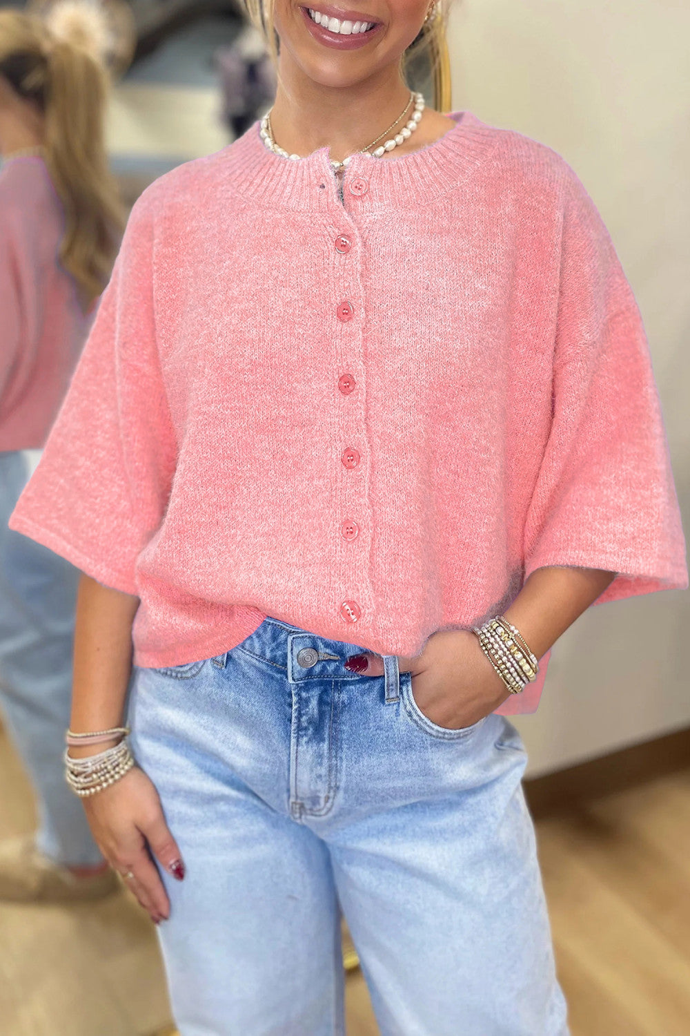 Peach Blossom 3/4 Sleeve Boxy Knit Button Down Sweater Cardigan - PREORDER