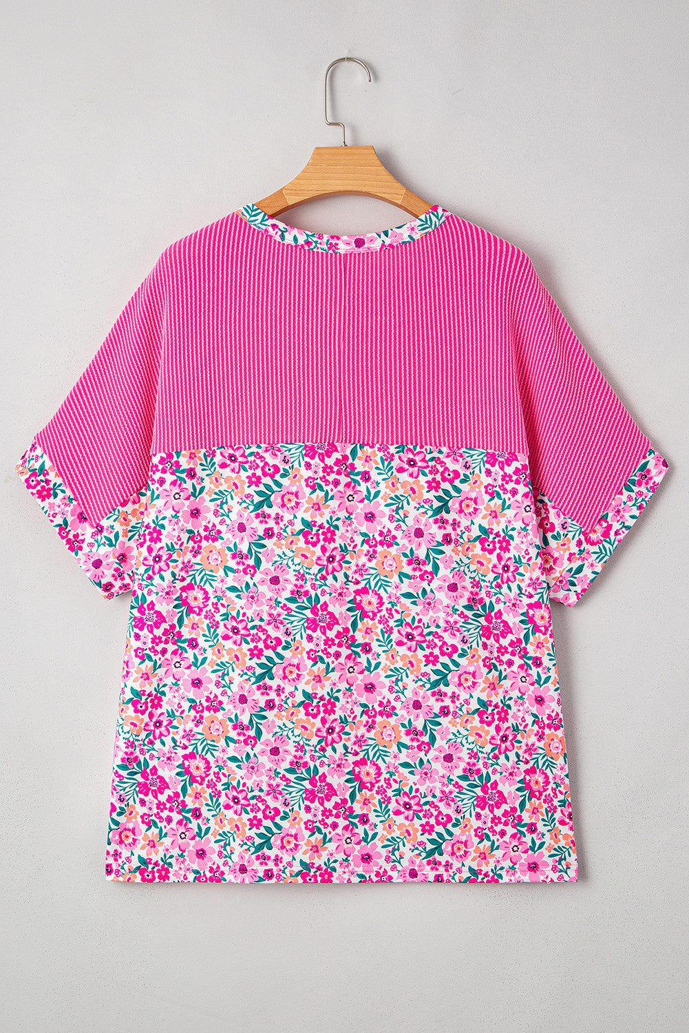 Pink Plus Size Floral Print Corded Patchwork Loose Top - PREORDER