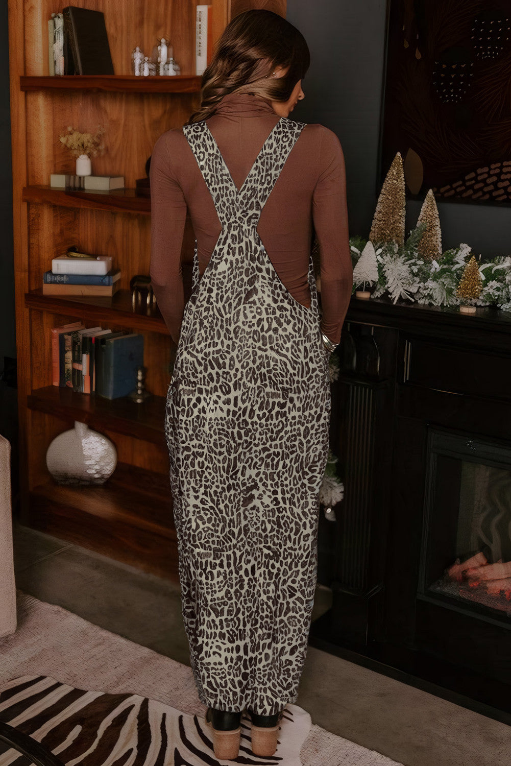 Leopard Print Straight Leg Loose Denim Overall Jumpsuit - PREORDER