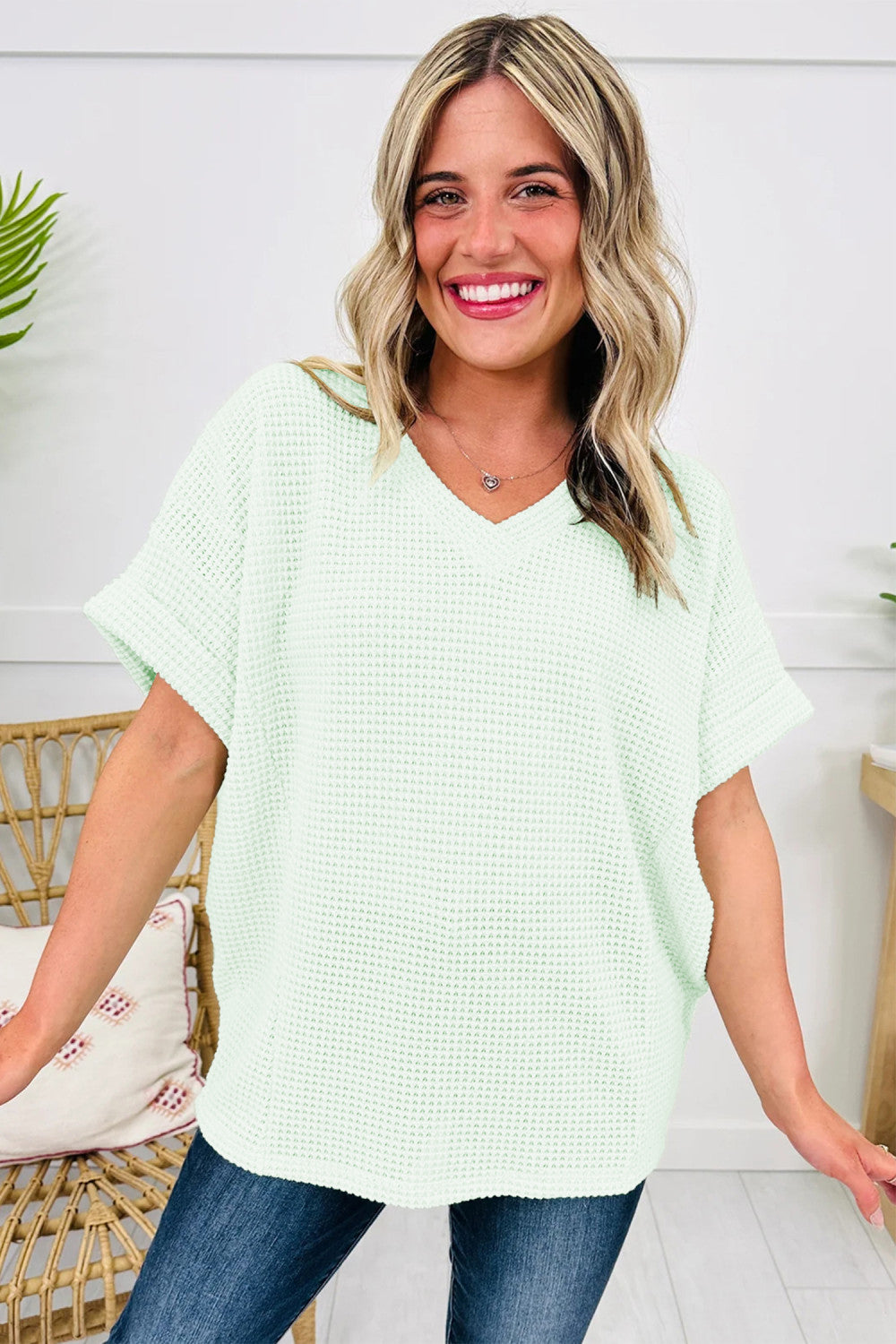 Lime Waffle V Neck Short Sleeve Knit Top - PREORDER
