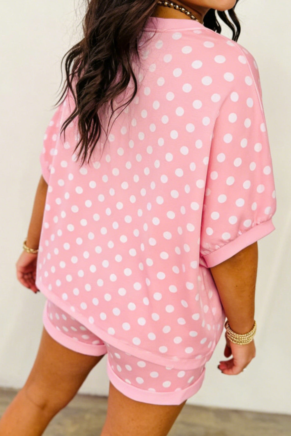 Pink Polka Dot Oversized Top Drawstring Short Set - PREORDER