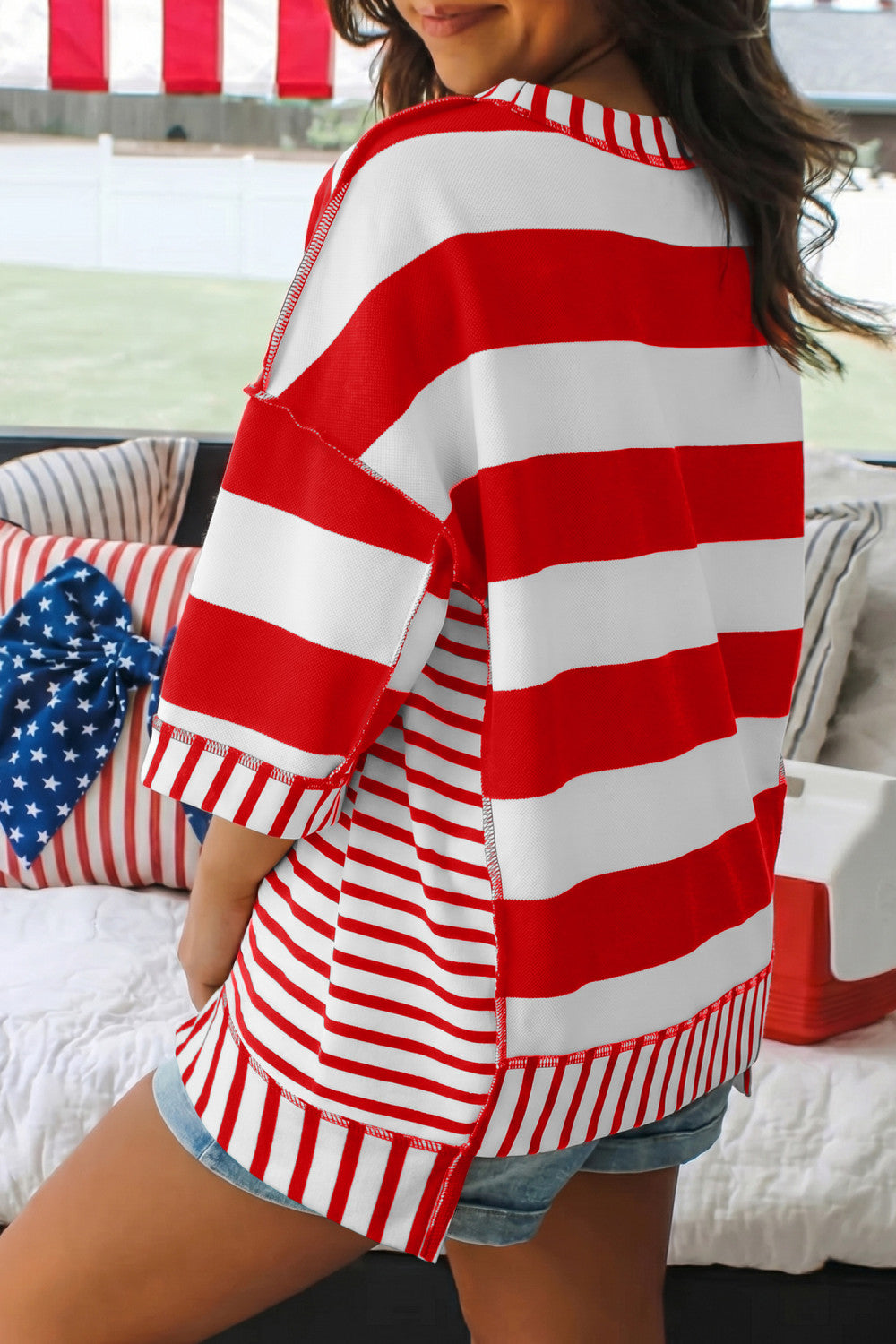 Red Stripe Sequin Bow Patriotic Half Sleeve Top - PREORDER