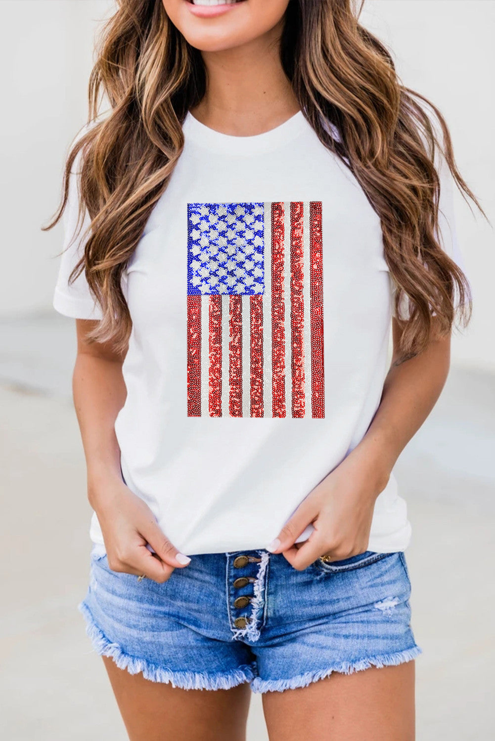 White Sequin Flag Graphic Tee - PREORDER