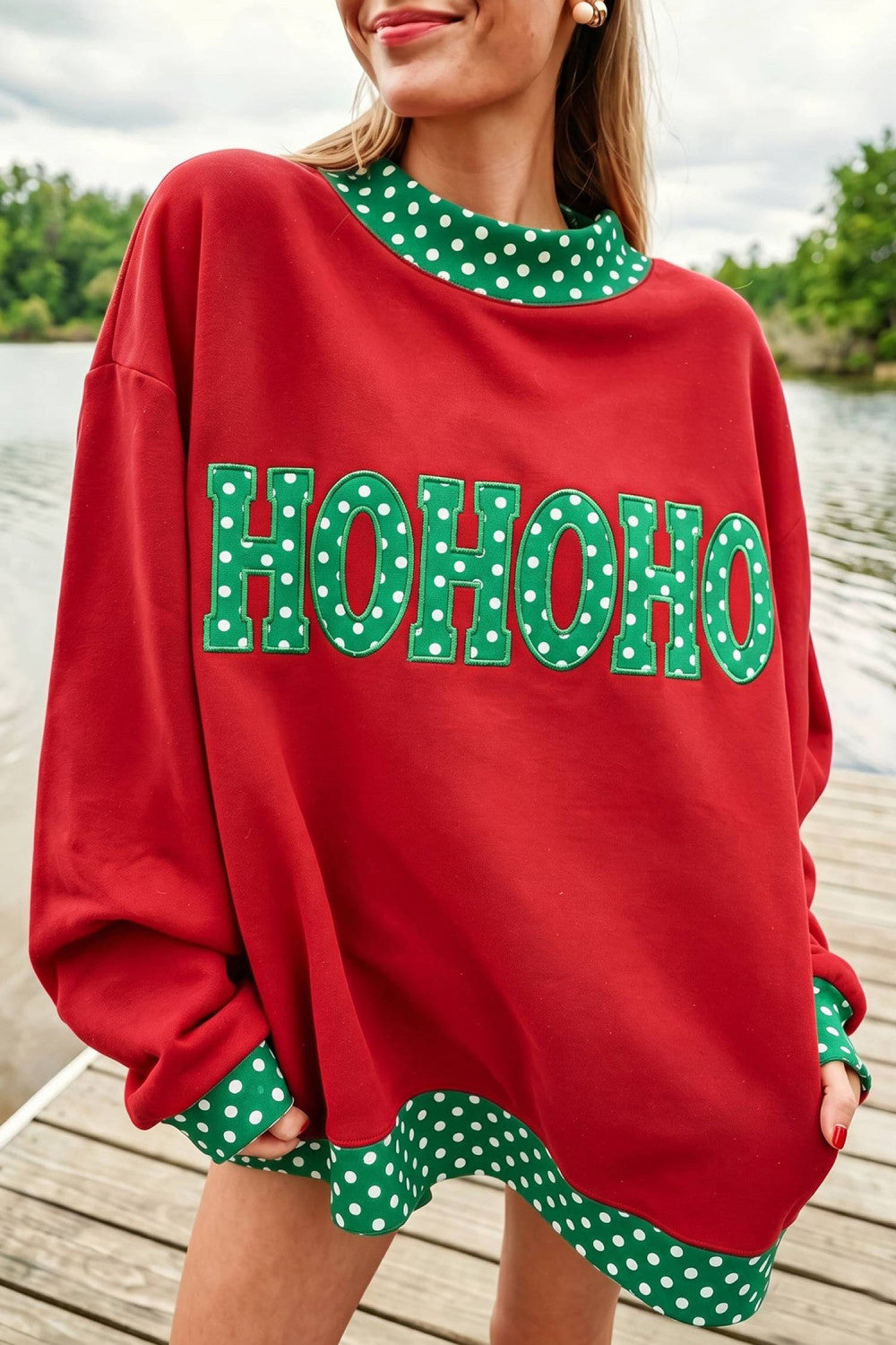 Red Polka Dot Letter Print Contrast Trim Mock Neck Sweatshirt- PREORDER