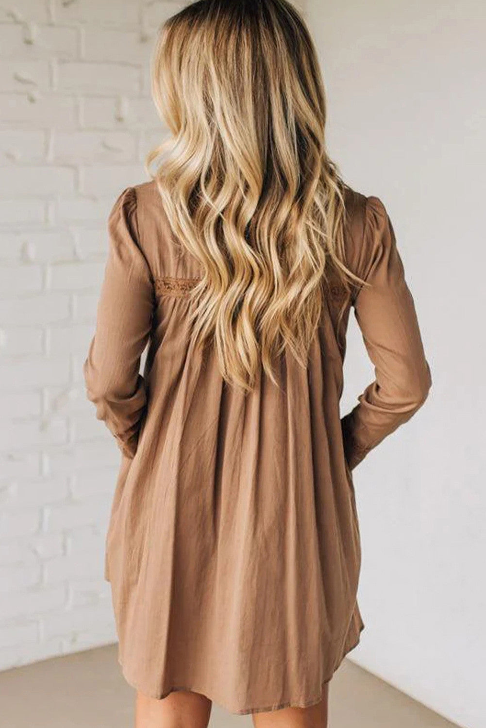 Lace Trim Peter Pan Collar Long Sleeve Mini Shirt Dress - PREORDER