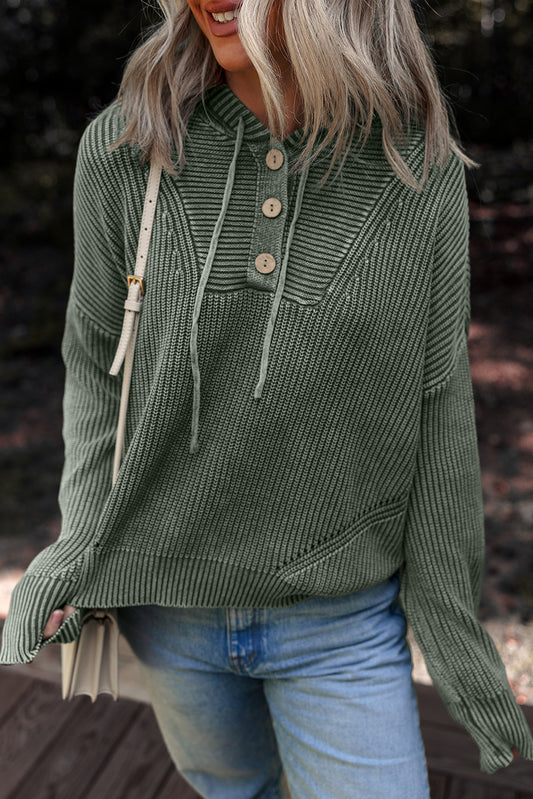 Mist Green Mineral Wash Ribbed Knit Button Drawstring Neck Hooded Sweater - PREORDER