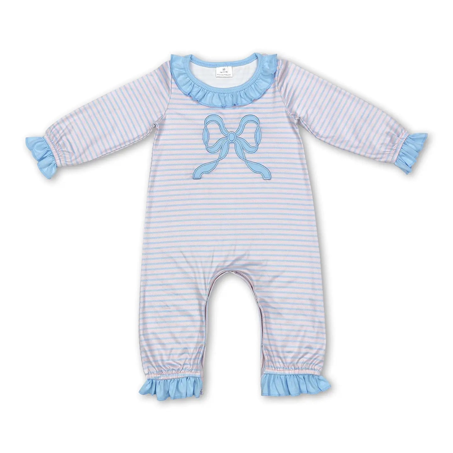Ruffle Long Sleeves Light Blue Bow Stripe Baby Girls Romper