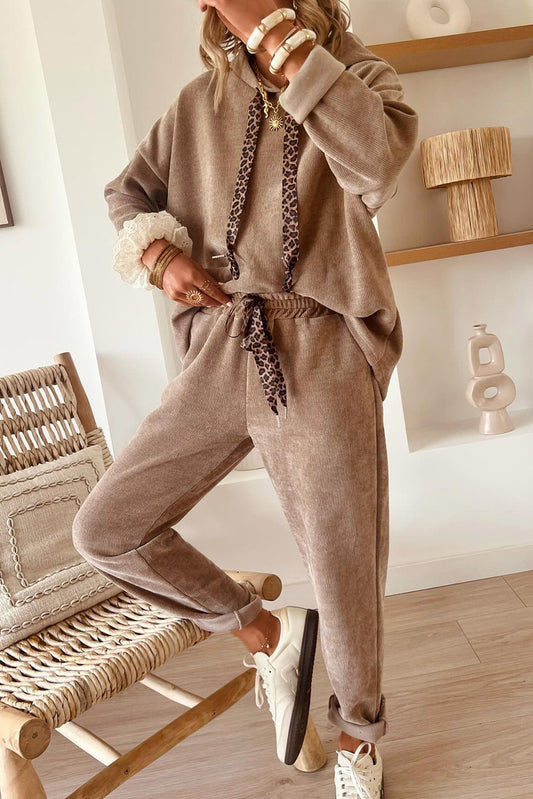 Dark Khaki Leopard Drawstring Pullover Hoodie and High Waist Pants Corduroy Suit - PREORDER