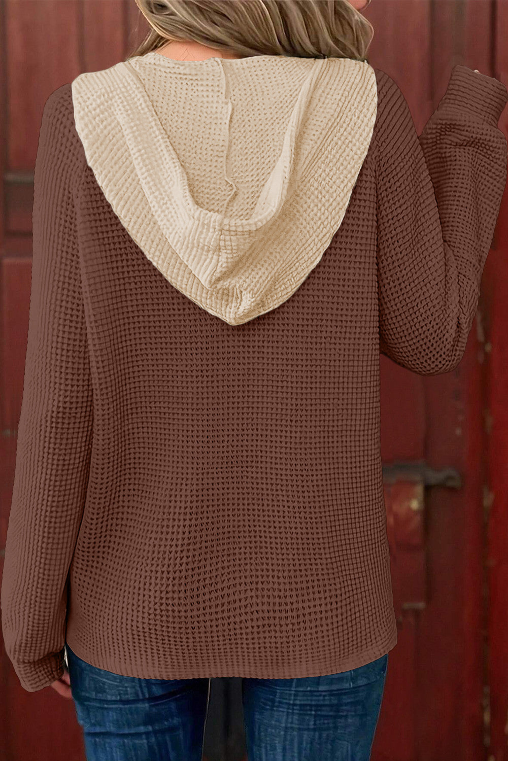 Coffee Waffle Contrast Half Buttoned Hooded Pullover Top - PREORDER