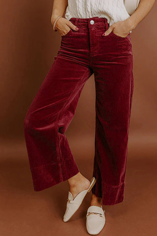 Burgundy Corduroy Solid Color High Waist Wide Leg Pants - PREORDER