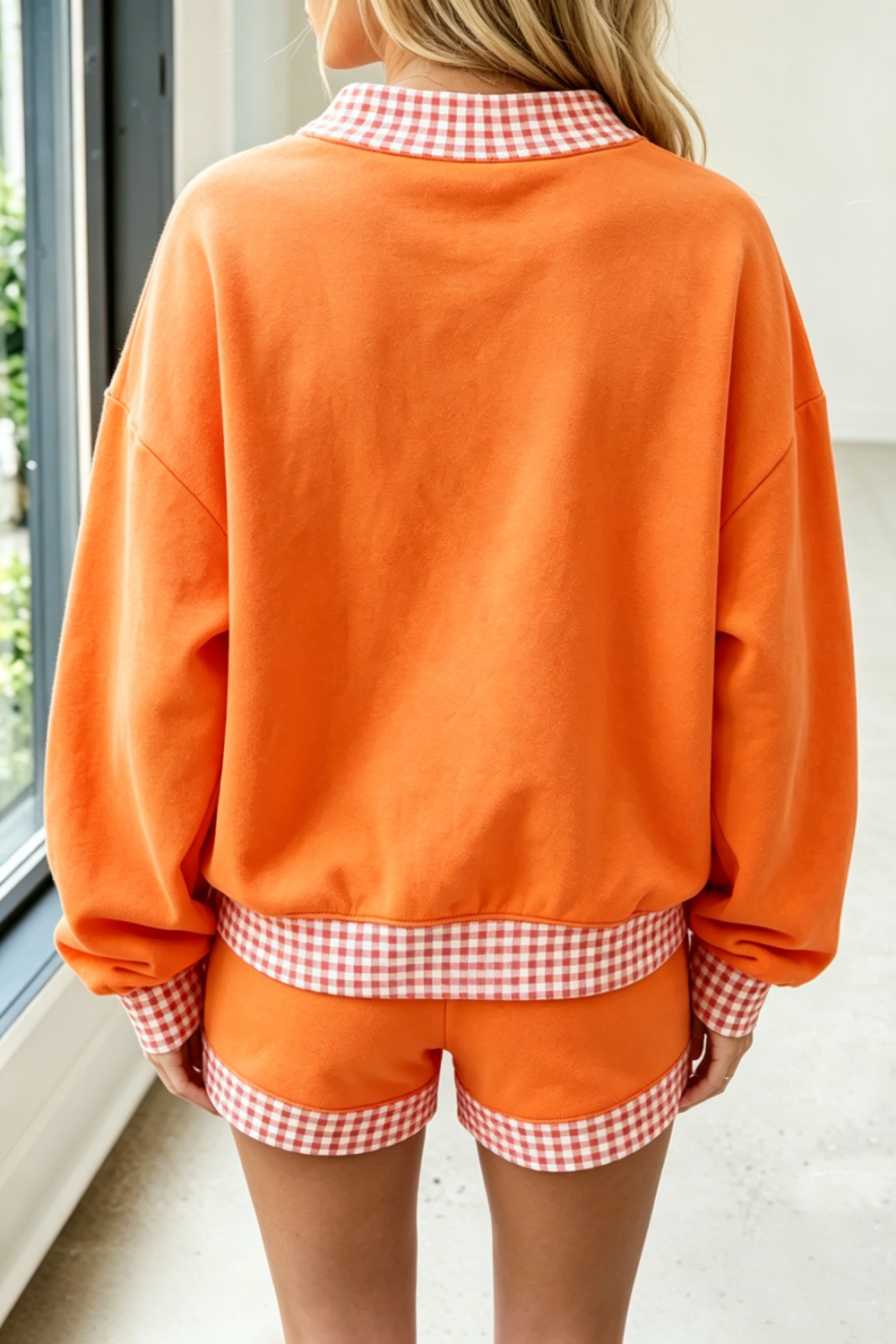 Orange Casual Plaid Trim Long Sleeve Two Piece Set - PREORDER