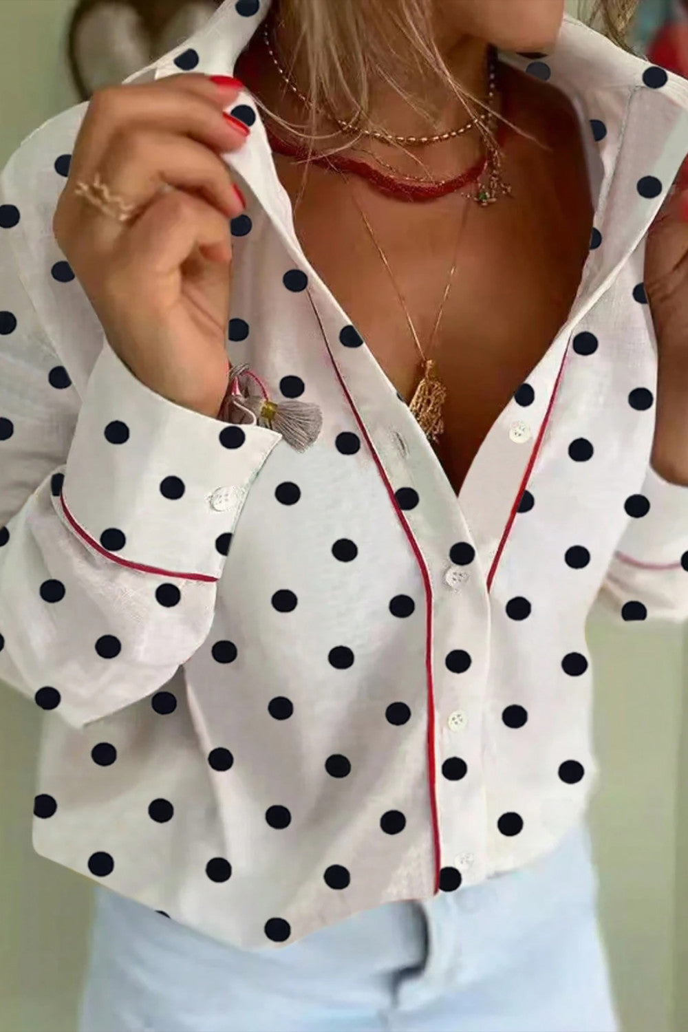 White Polka Dot Print Contrast Piping Elegant Shirt