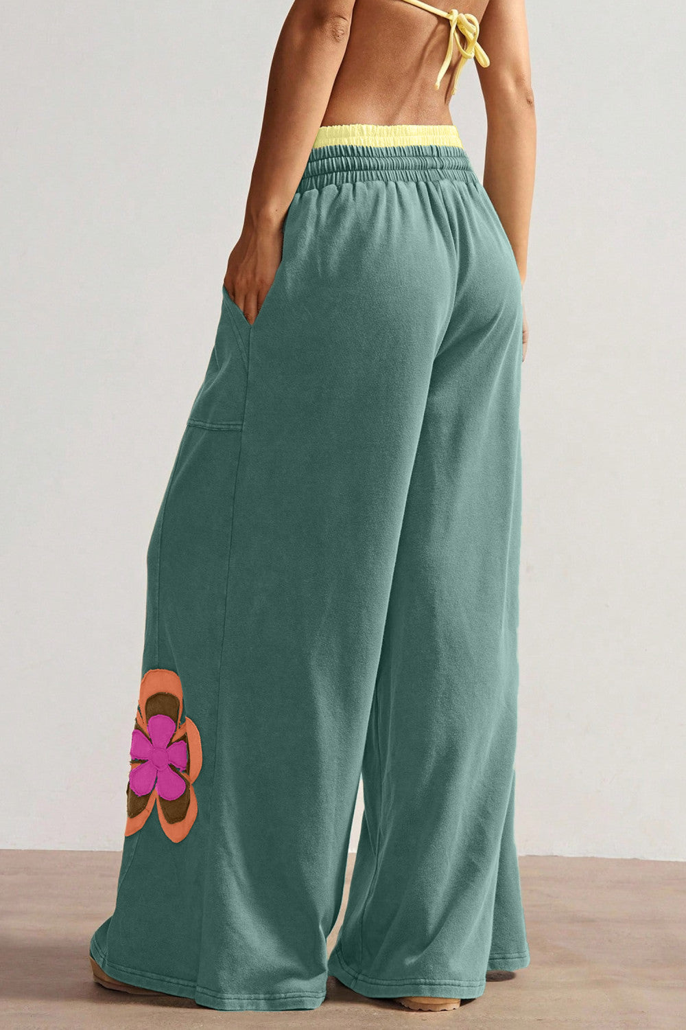 Sea Green Color Block Flower Patchwork Drawstring Contrasted Elastic Waist Wide Leg Pants - PREORDER