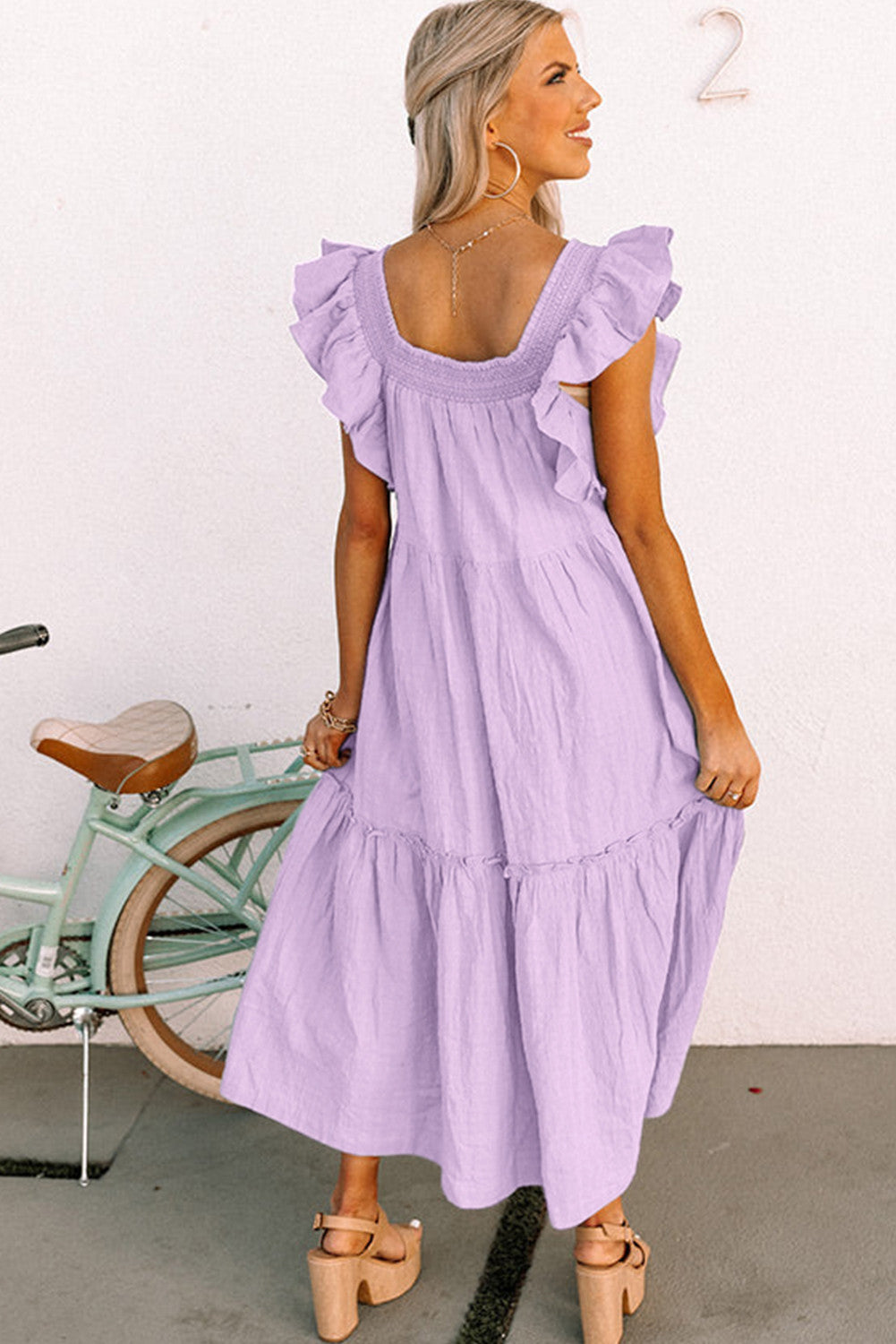 Purple Ruffled Flutter Sleeve Square Neck Textured Tiered Maxi Dres