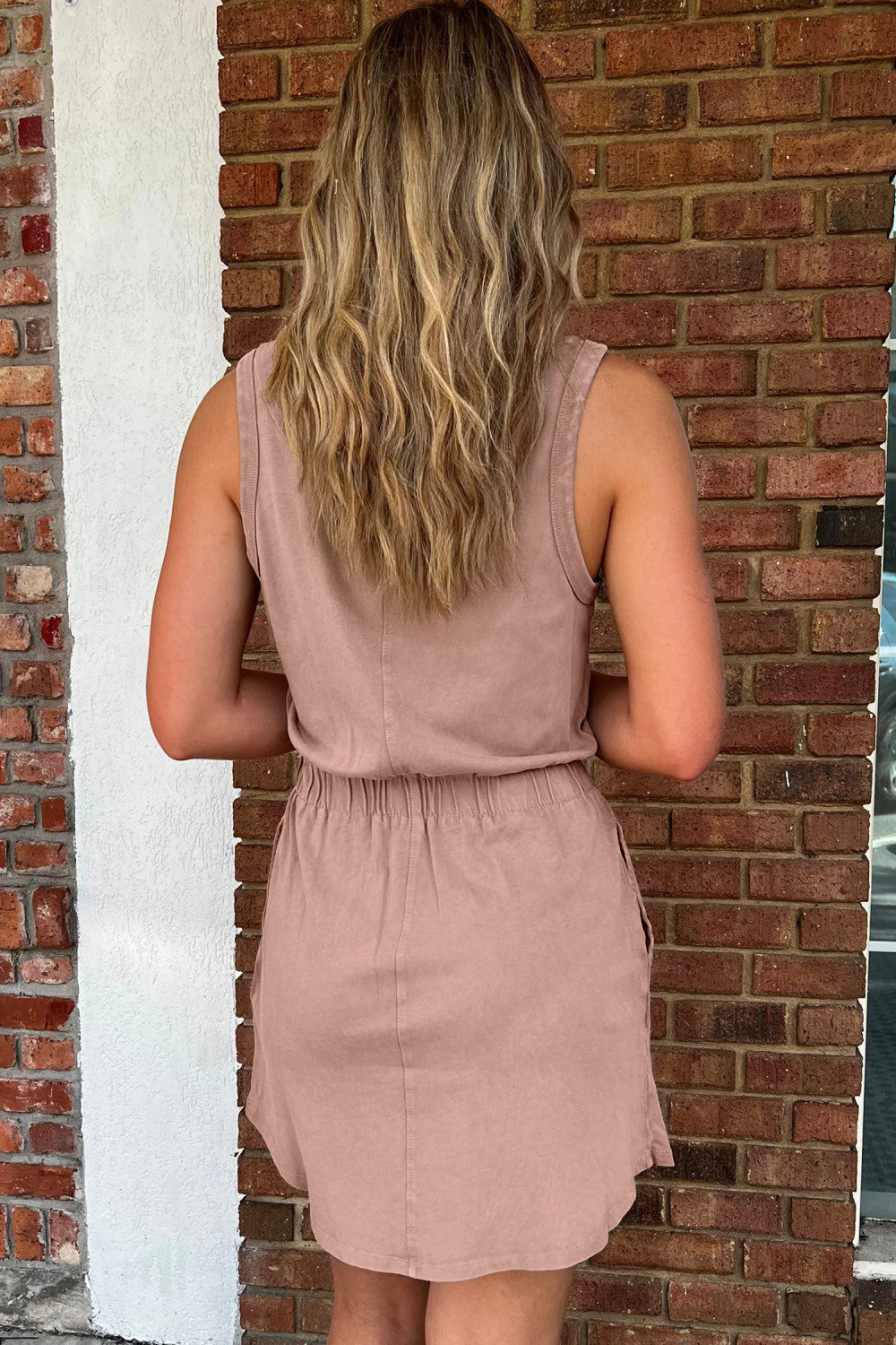 Smoke Gray Mineral Wash U Neck Elastic Waist Sleeveless Mini Dress - PREORDER