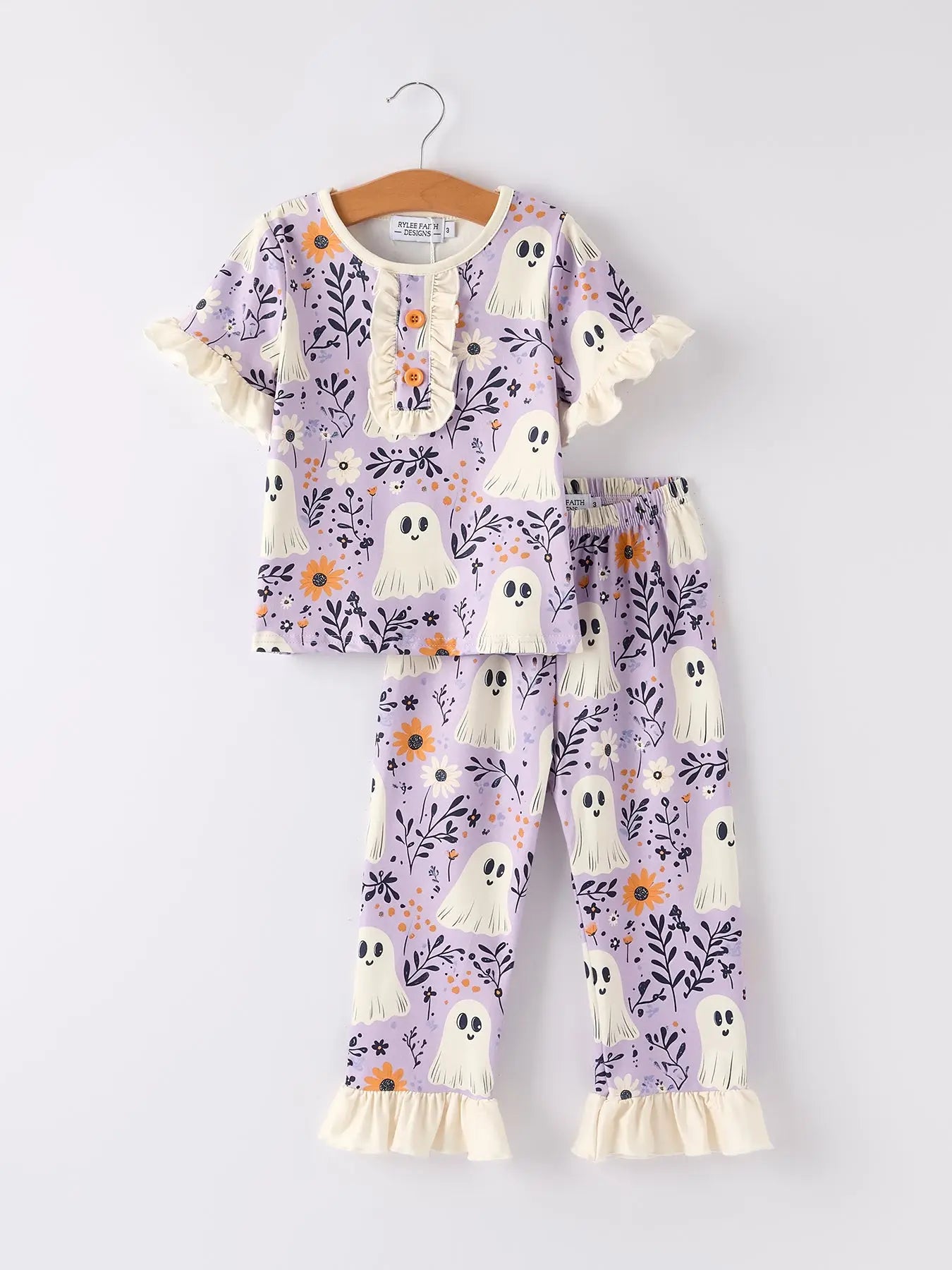 Halloween Ghost Floral Print Purple Ruffled Girls Pajamas - PREORDER