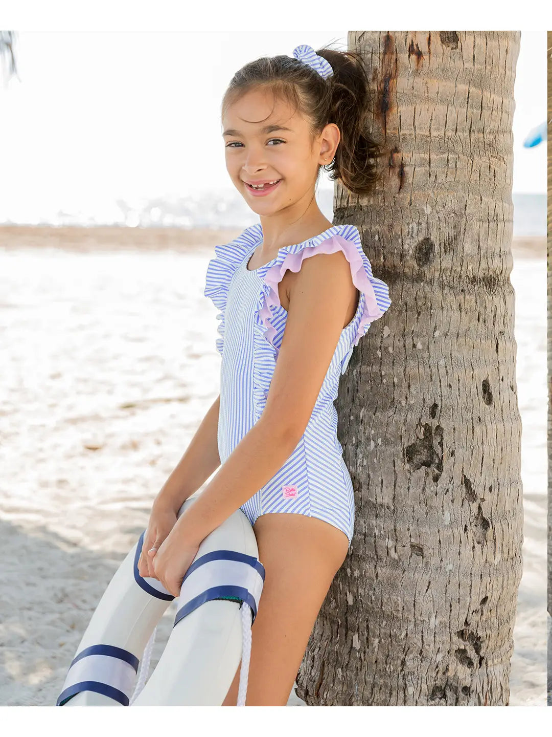 Girls Periwinkle Blue Seersucker Waterfall One Piece Swimsuit