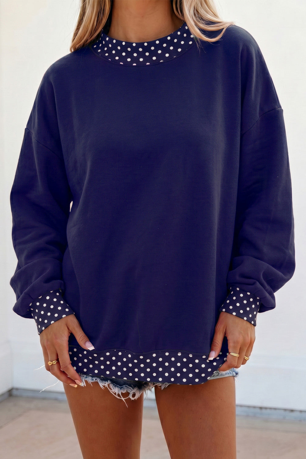 Dark Blue Colorblock Polka Dot Contrast Trim Oversized Sweatshirt - PREORDER