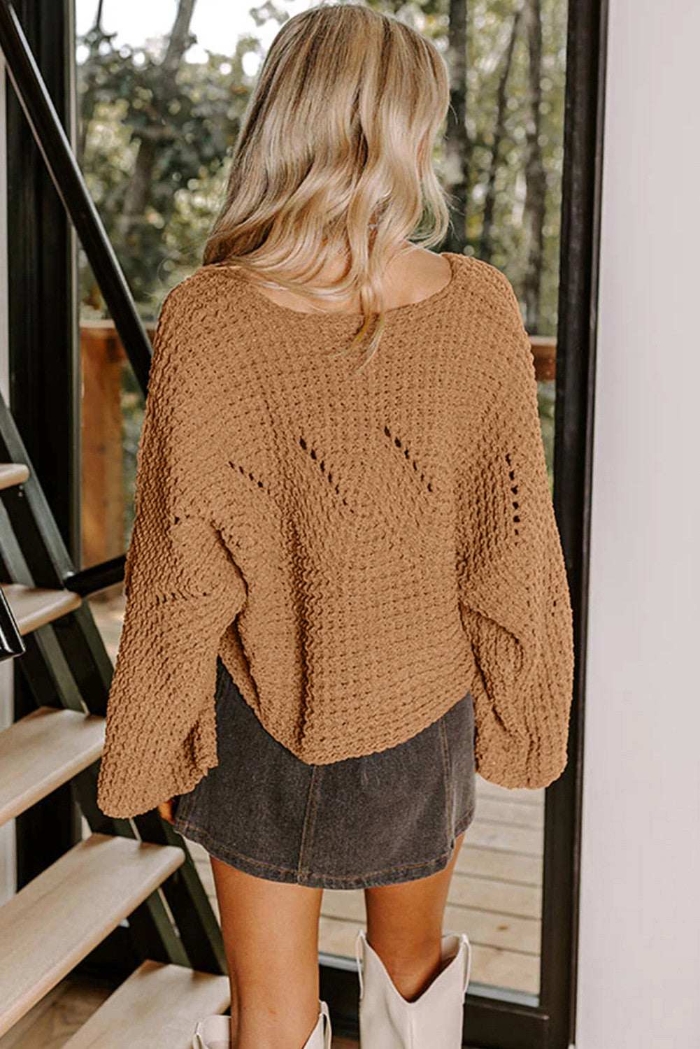 Camel Hollowed Detail Wide Sleeve Loose Pullover Sweater - PREORDER