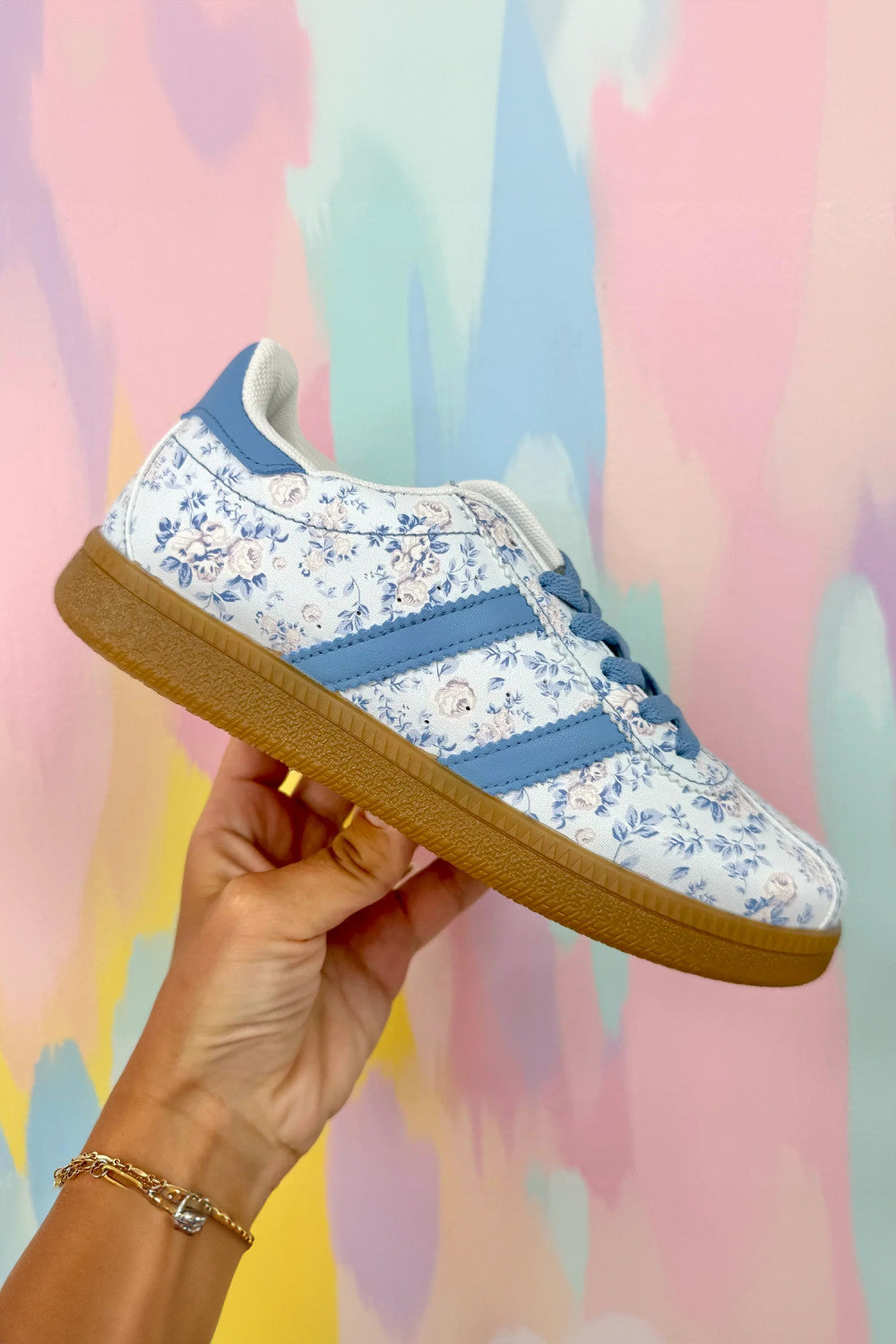 Light Blue Floral Print Lace-up PU Leather Flat Shoes - PREORDER