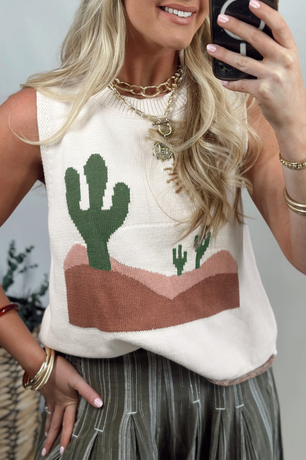 Multicolour Cactus Western Oasis Loose Sweater Vest - PREORDER