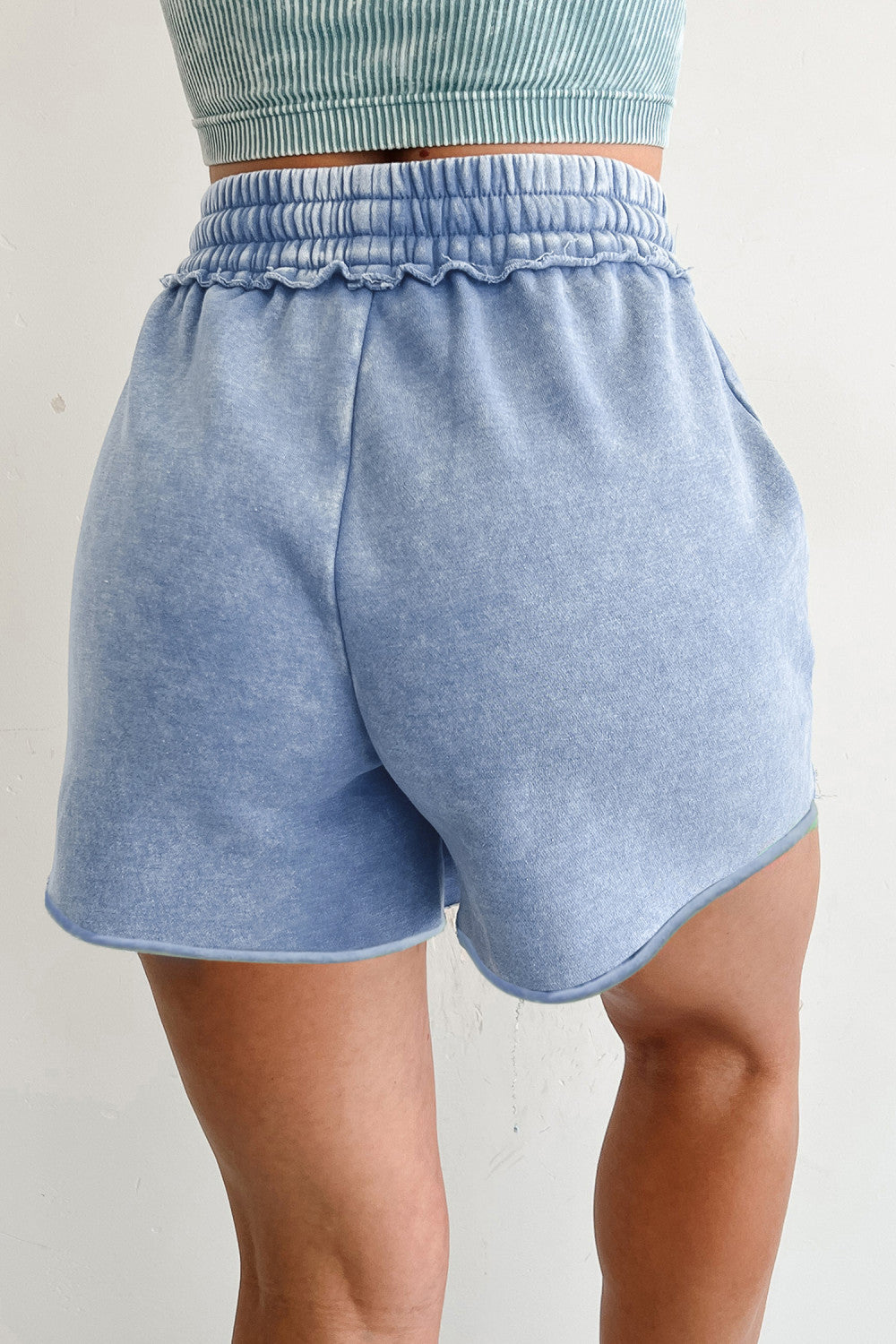 Sky Blue Mineral Washed Drawstring Elastic Waist Raw Cut Shorts - PREORDER