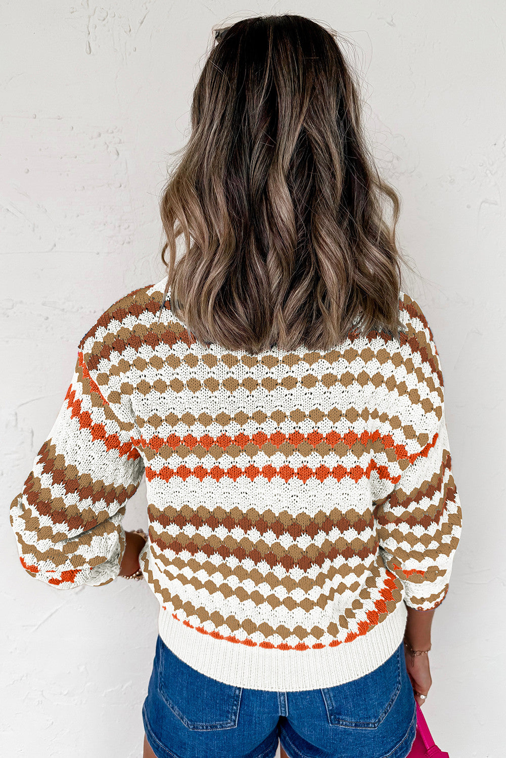 Brown Stripe Eyelet Patterned Drop Shoulder Sweater - PREORDER