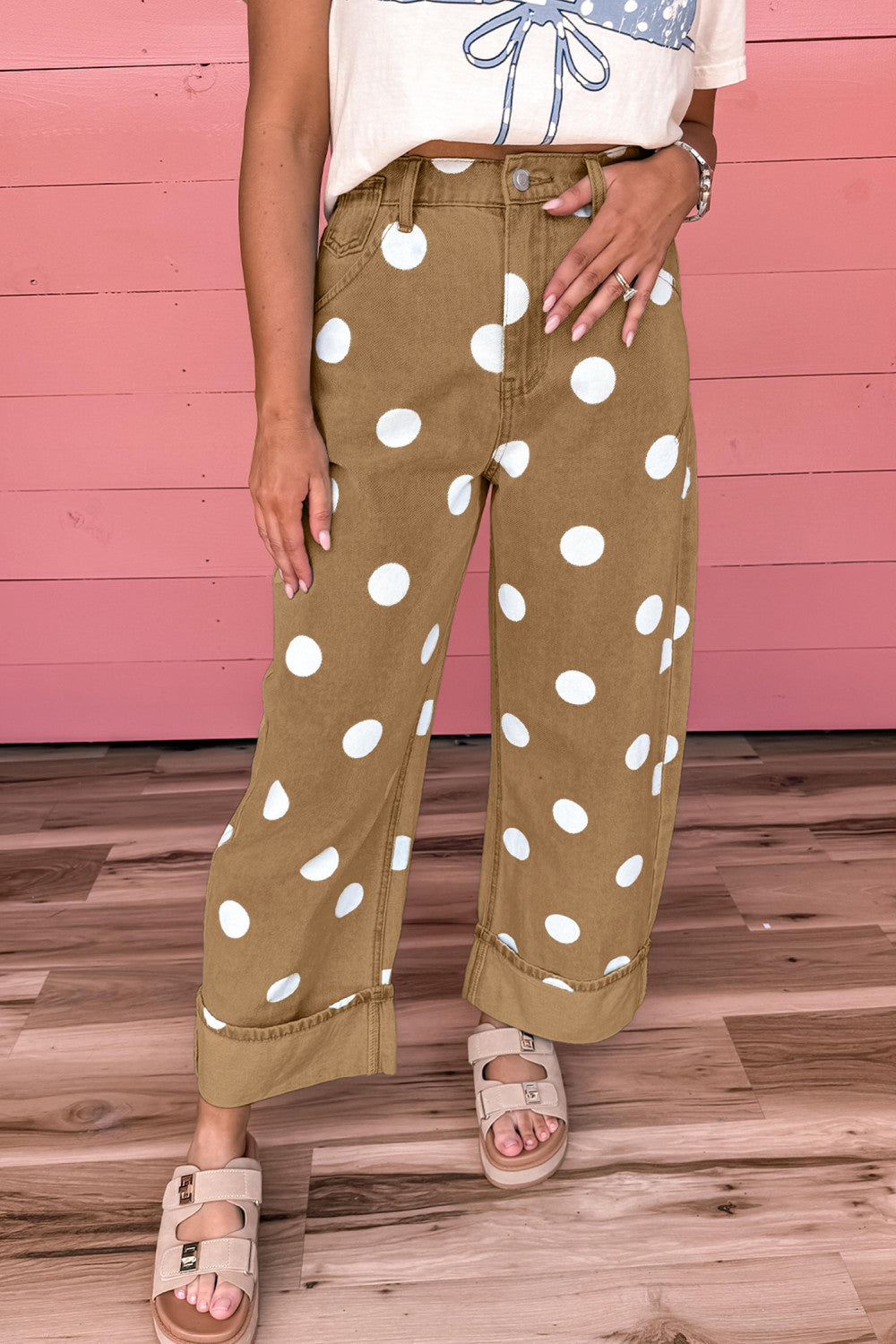 Brown Polka Dot Ankle-Length Metal Button Casual Jeans - PREORDER