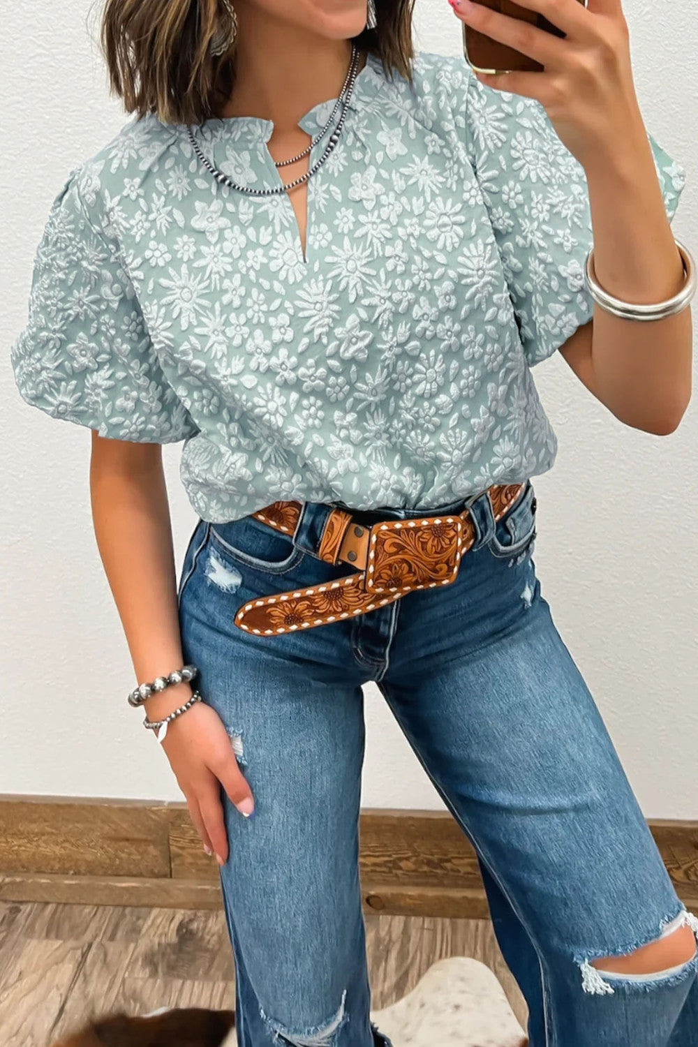 Iceland Blue Floral Textured Jacquard Puff Sleeve Blouse - PREORDER